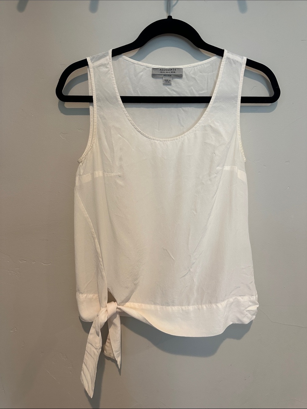 All Saints 100% Silk White Scoop Neck Tie-Hem Camisole
